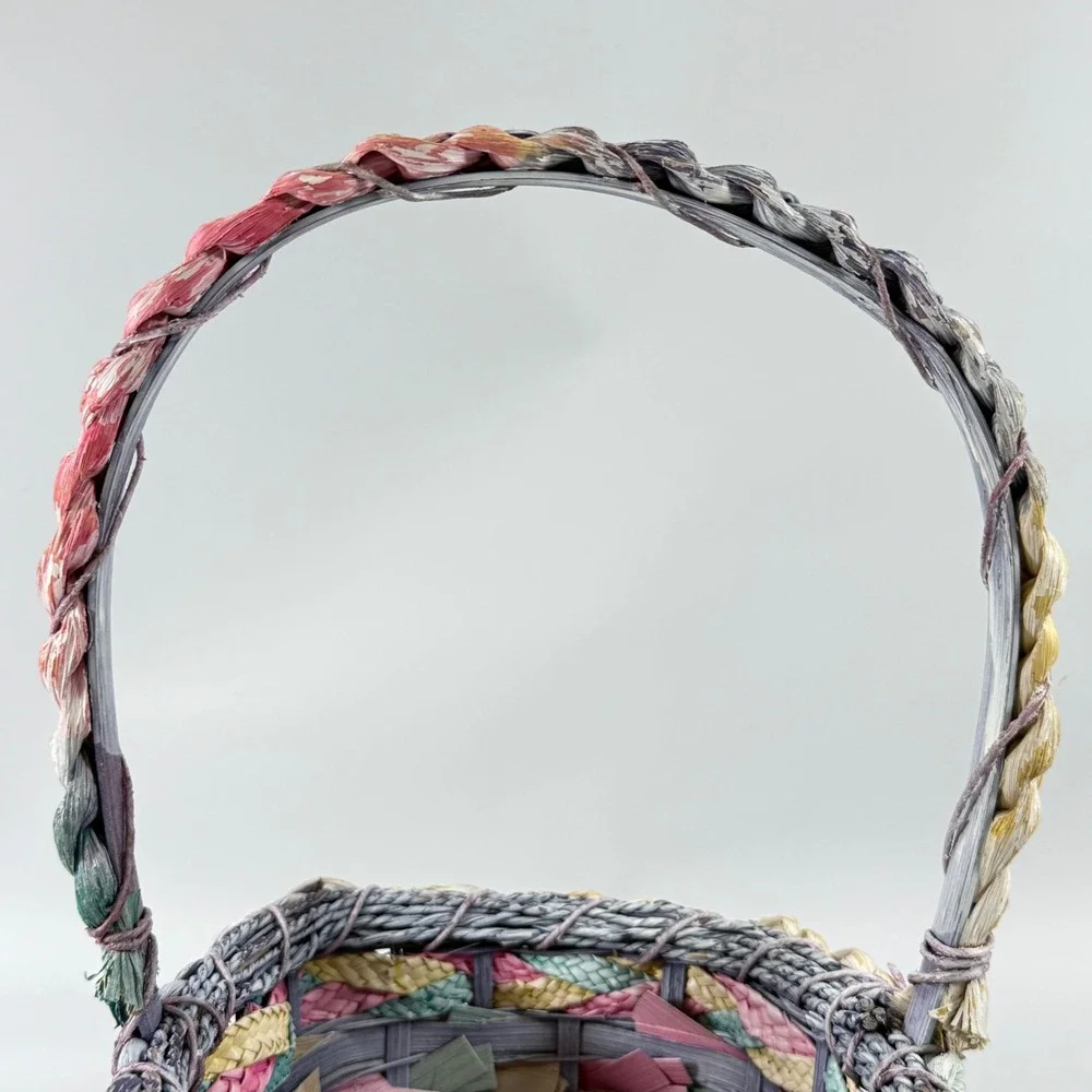 VTG Woven Basket w/ Handle 80's Pastel Multicolor Easter Cottagecore 11